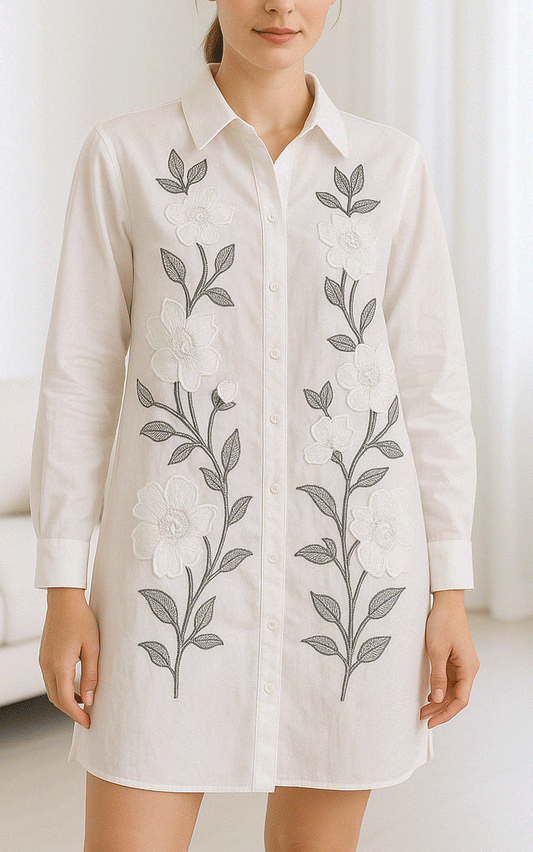 White Floral thread embroidered cotton shirt dress