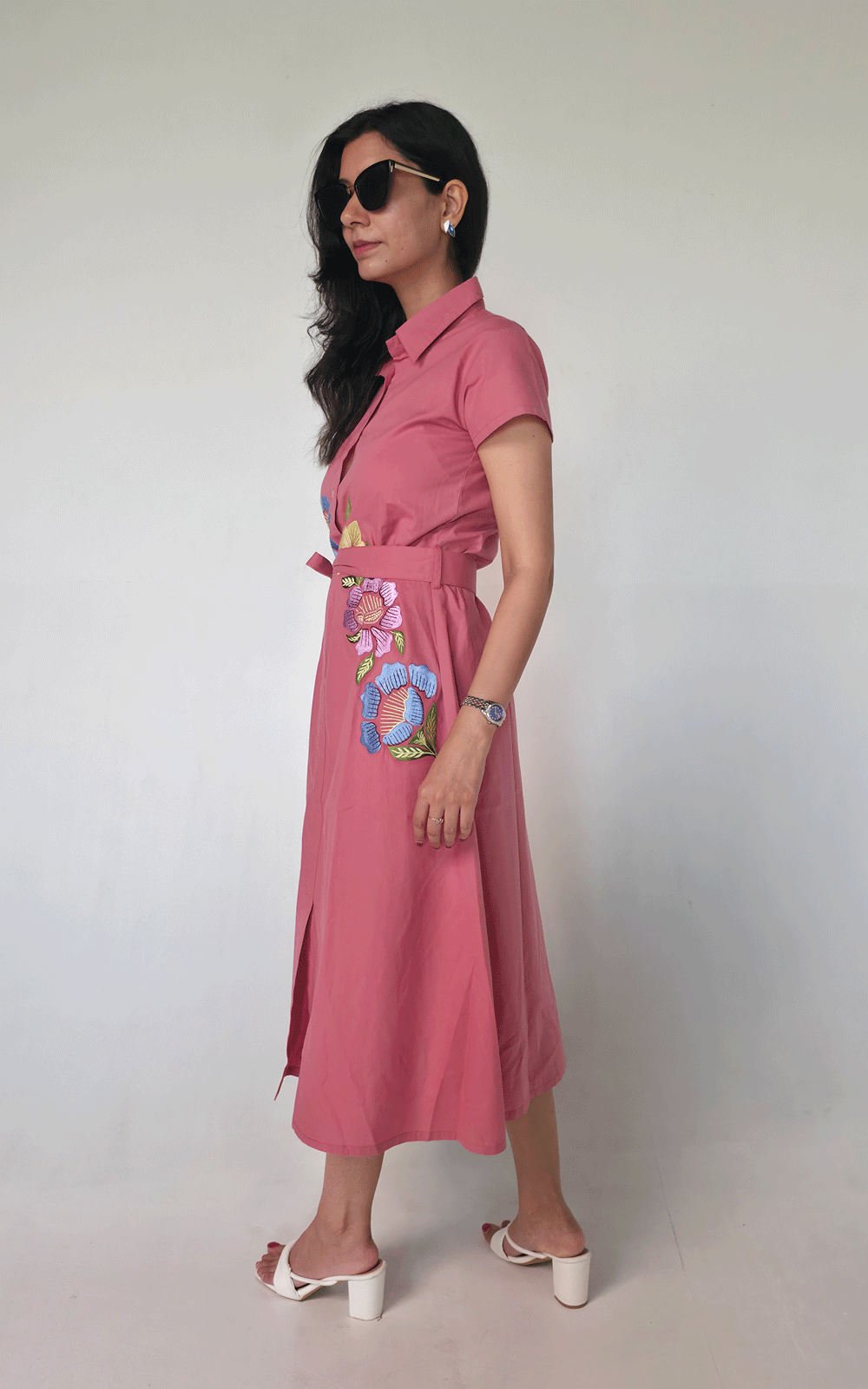 CORAL PINK- COTTON thread embroidered maxi dress