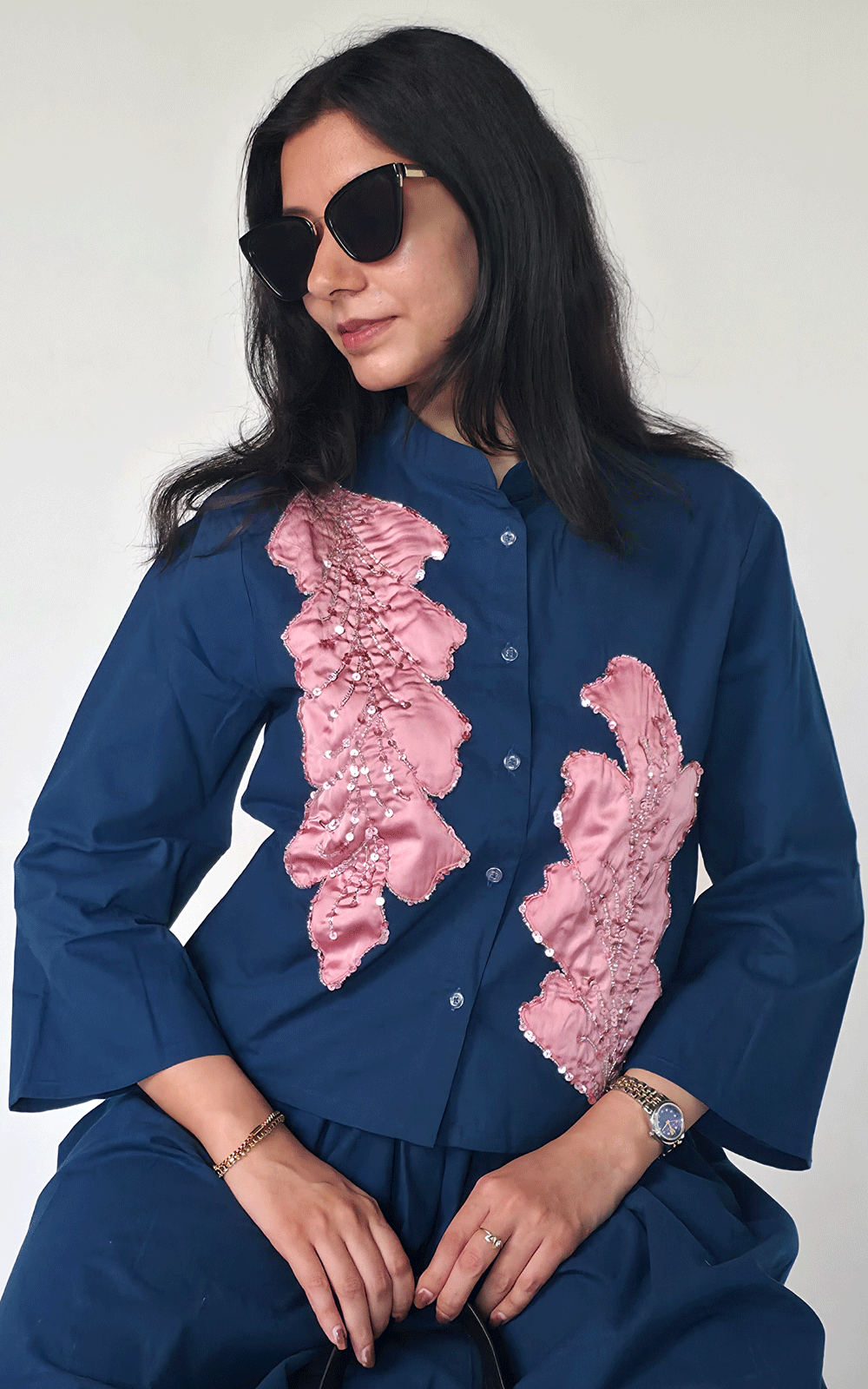 Fabric Applique Embroidered shirt -skirt cord set