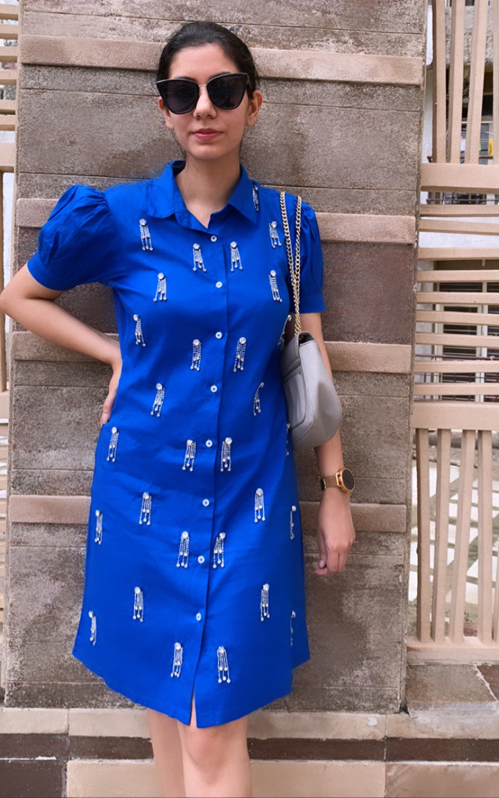 Bedazzled- cotton crystal stones embellished shirt dress