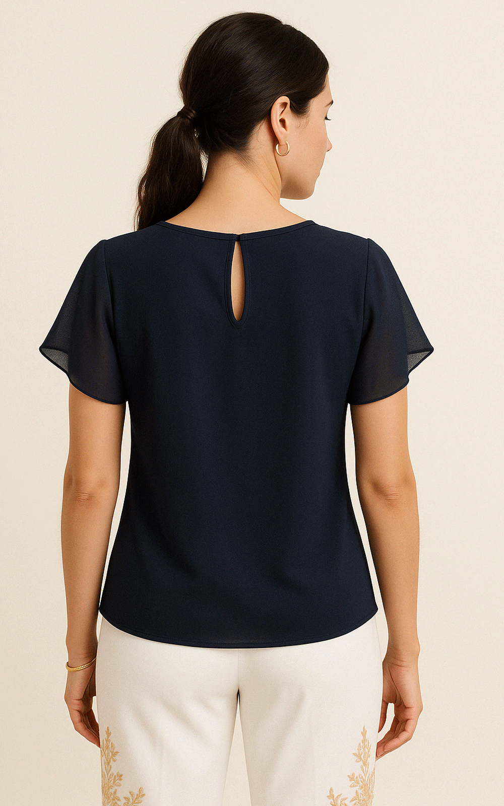 Floral fabric applique navy-blue top