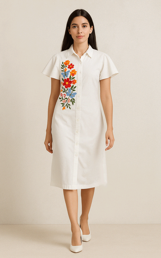 White cotton- thread embroidered shirt dress