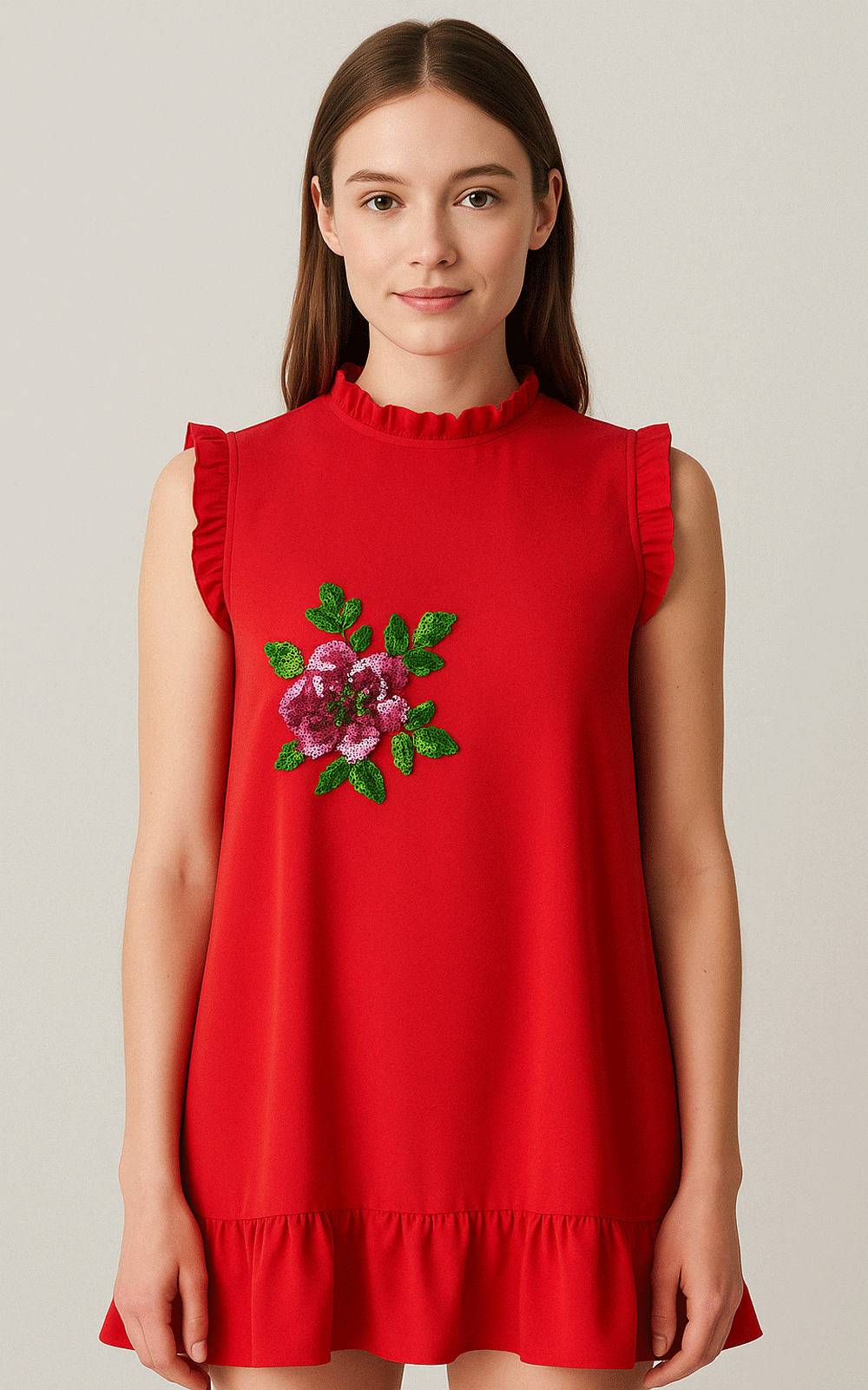 Red hot - crepe embroidered dress.