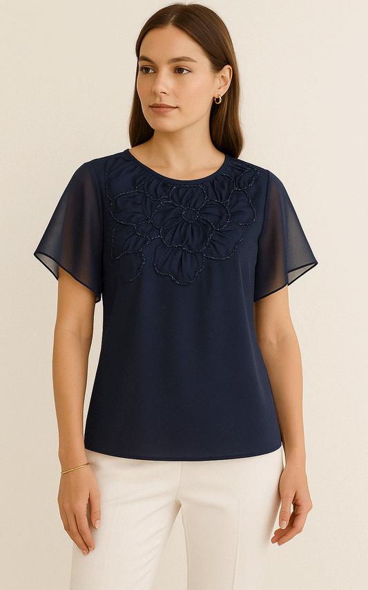 Floral fabric applique navy-blue top