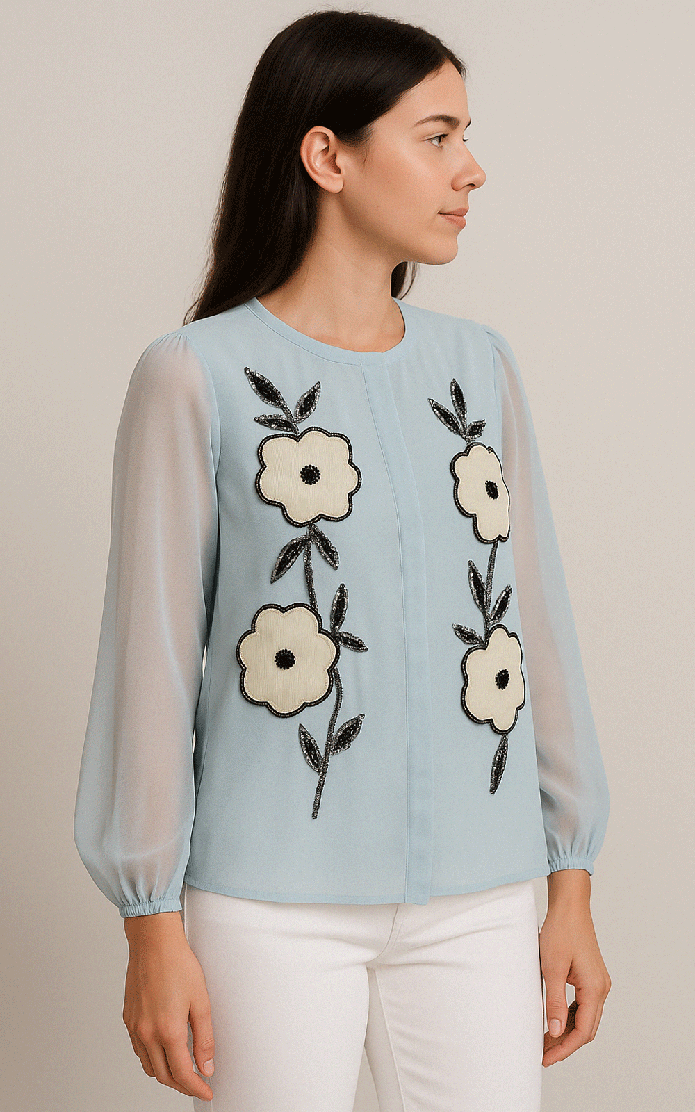 Women's blue fabric applique beaded embroidered shirt