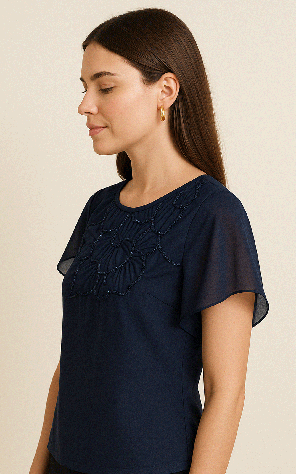 Floral fabric applique navy-blue top