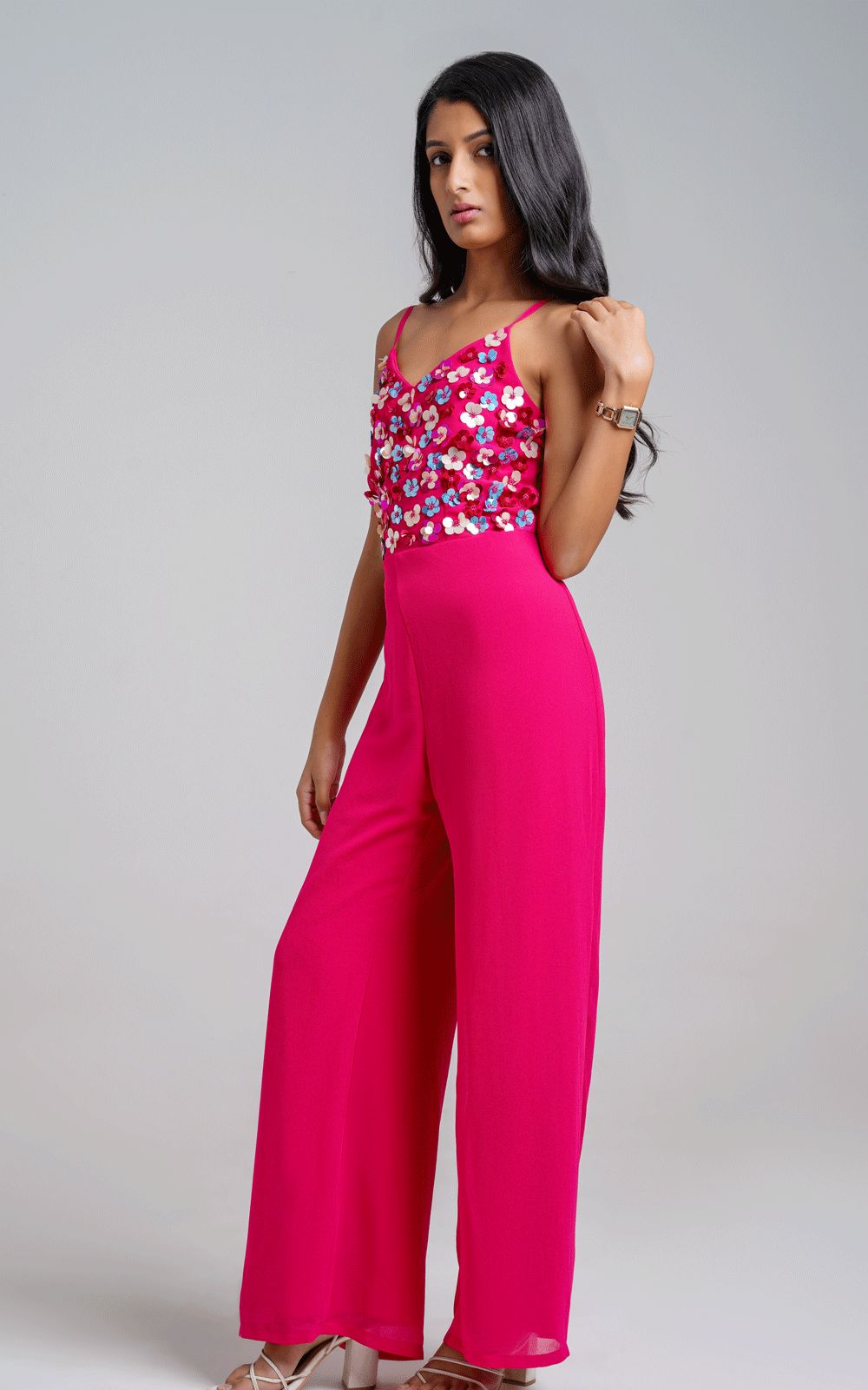 Pink Multi floral hand embroidered jumpsuit