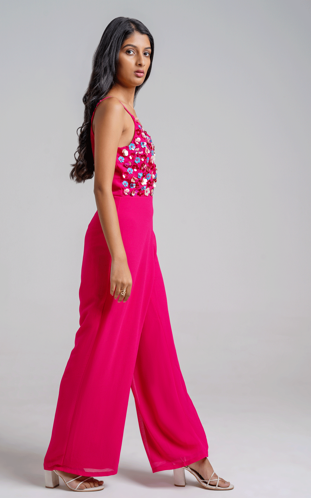 Pink Multi floral hand embroidered jumpsuit