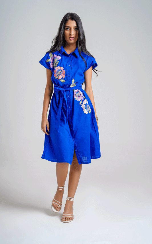 Azure- blue thread embroidered shirt dress