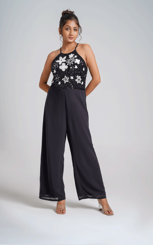 Halterneck hand embroidered party jumpsuit