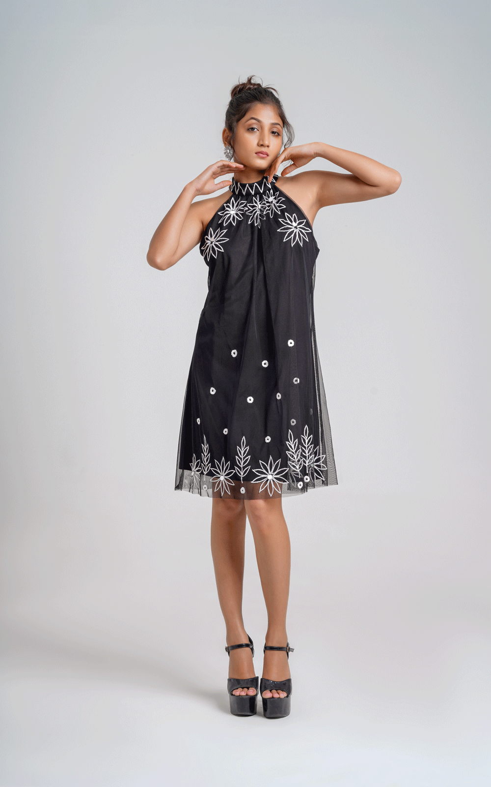 Twirl into style Halter - black embroidered dress