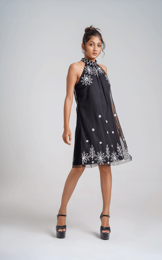 Twirl into style Halter - black embroidered dress