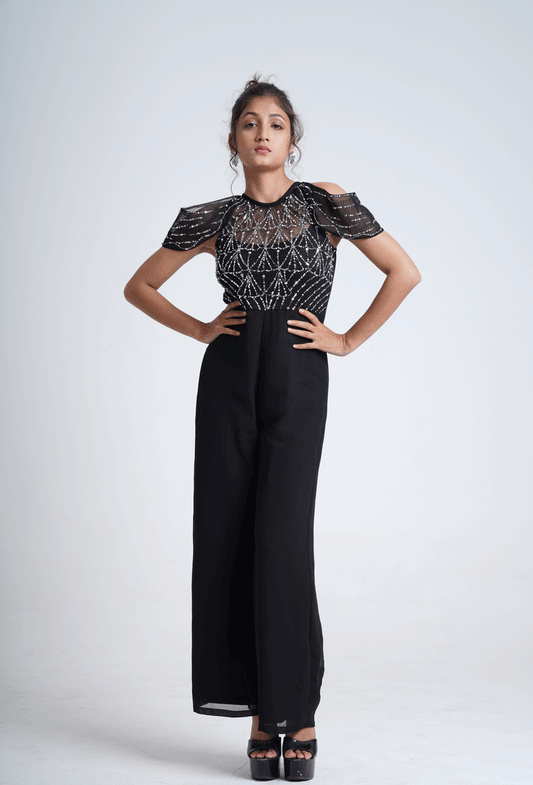 Party wear cold shoulder-black embroidered jumpsuit