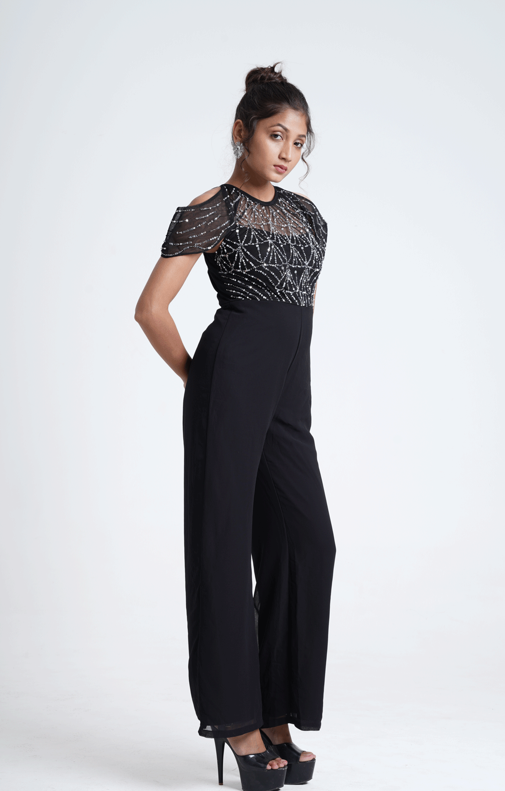 Party wear cold shoulder-black embroidered jumpsuit