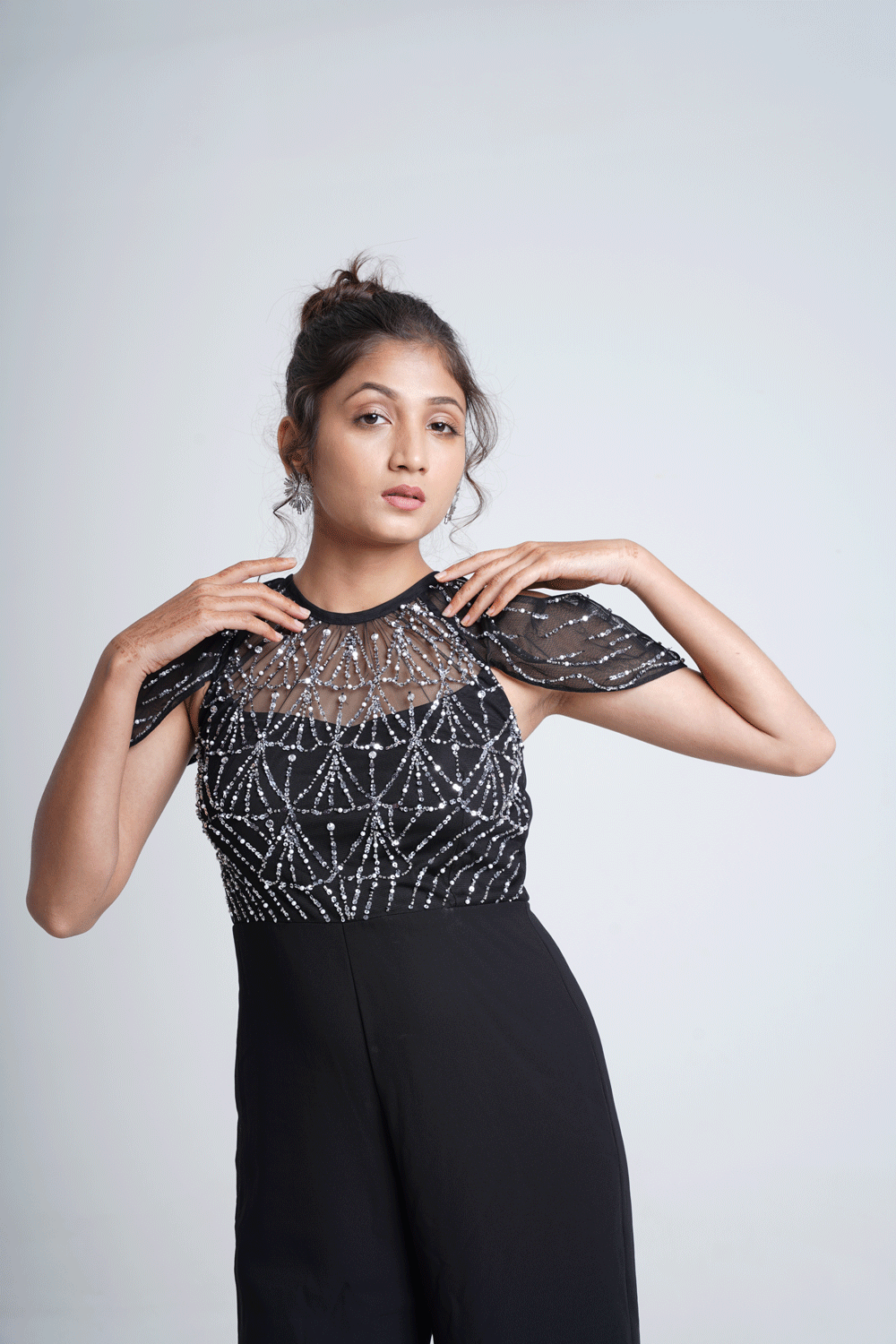 Party wear cold shoulder-black embroidered jumpsuit
