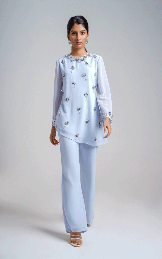 High low Pastel blue embroidered co-ord set