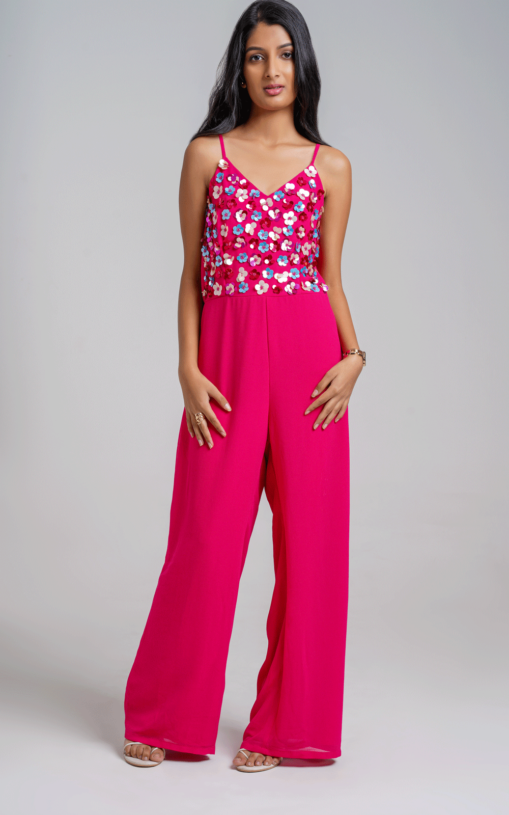 Pink Multi floral hand embroidered jumpsuit