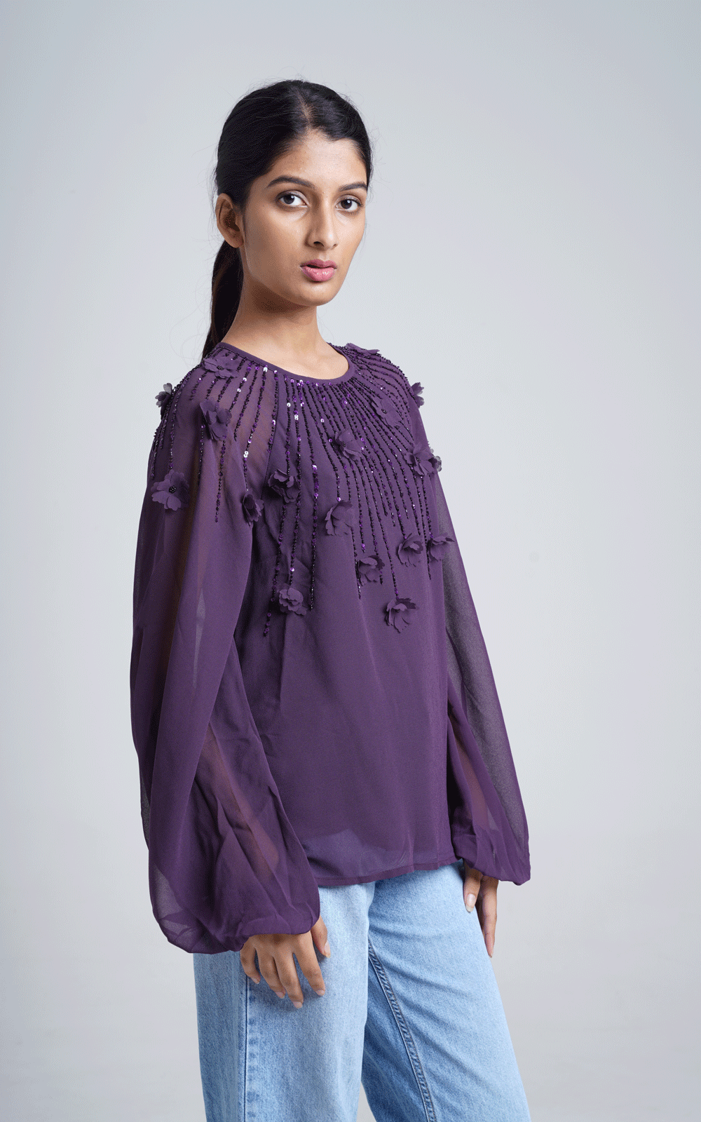 Party wear floral applique beaded top