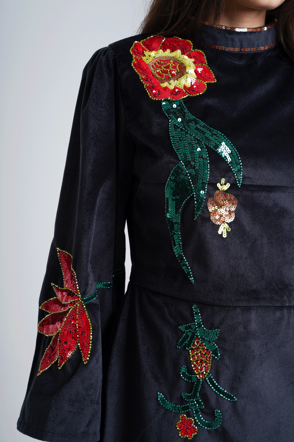 Black velvet embellished party wear dress