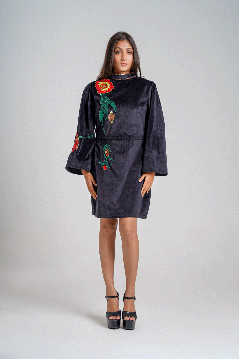 Black velvet embellished party wear dress