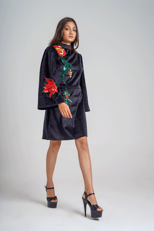 Black velvet embellished party wear dress