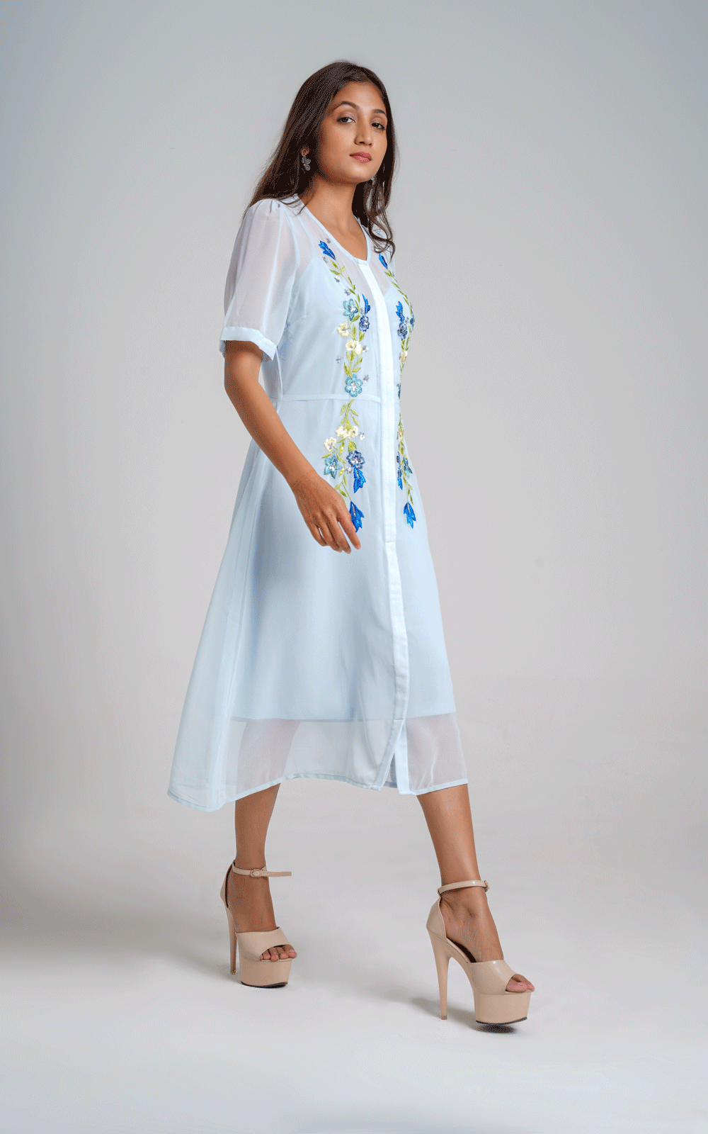 Blue thread embroidered dress