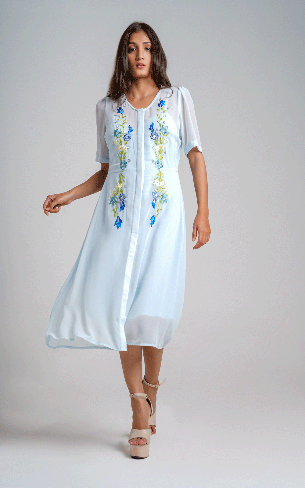 Blue thread embroidered dress – Galocher clothing