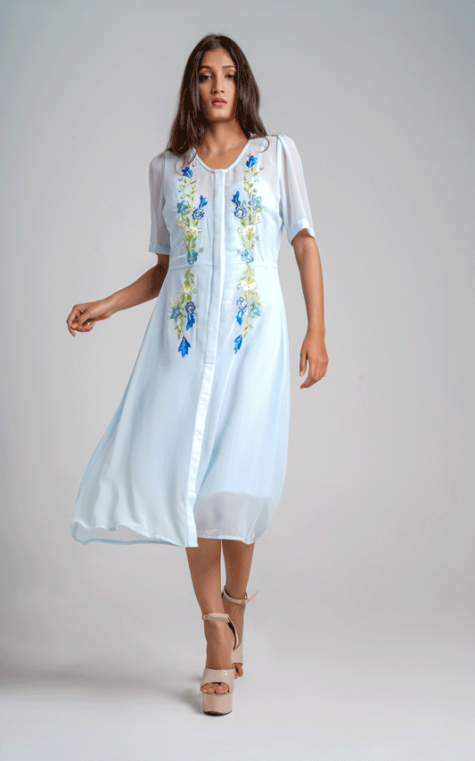 Blue thread embroidered dress