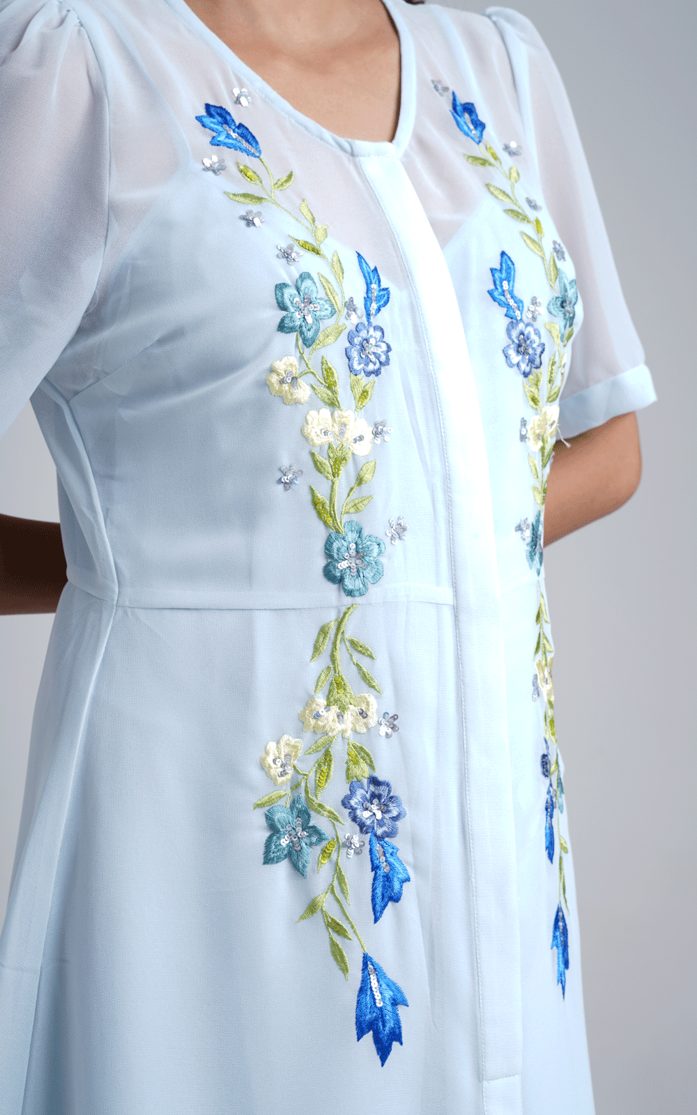 Blue thread embroidered dress
