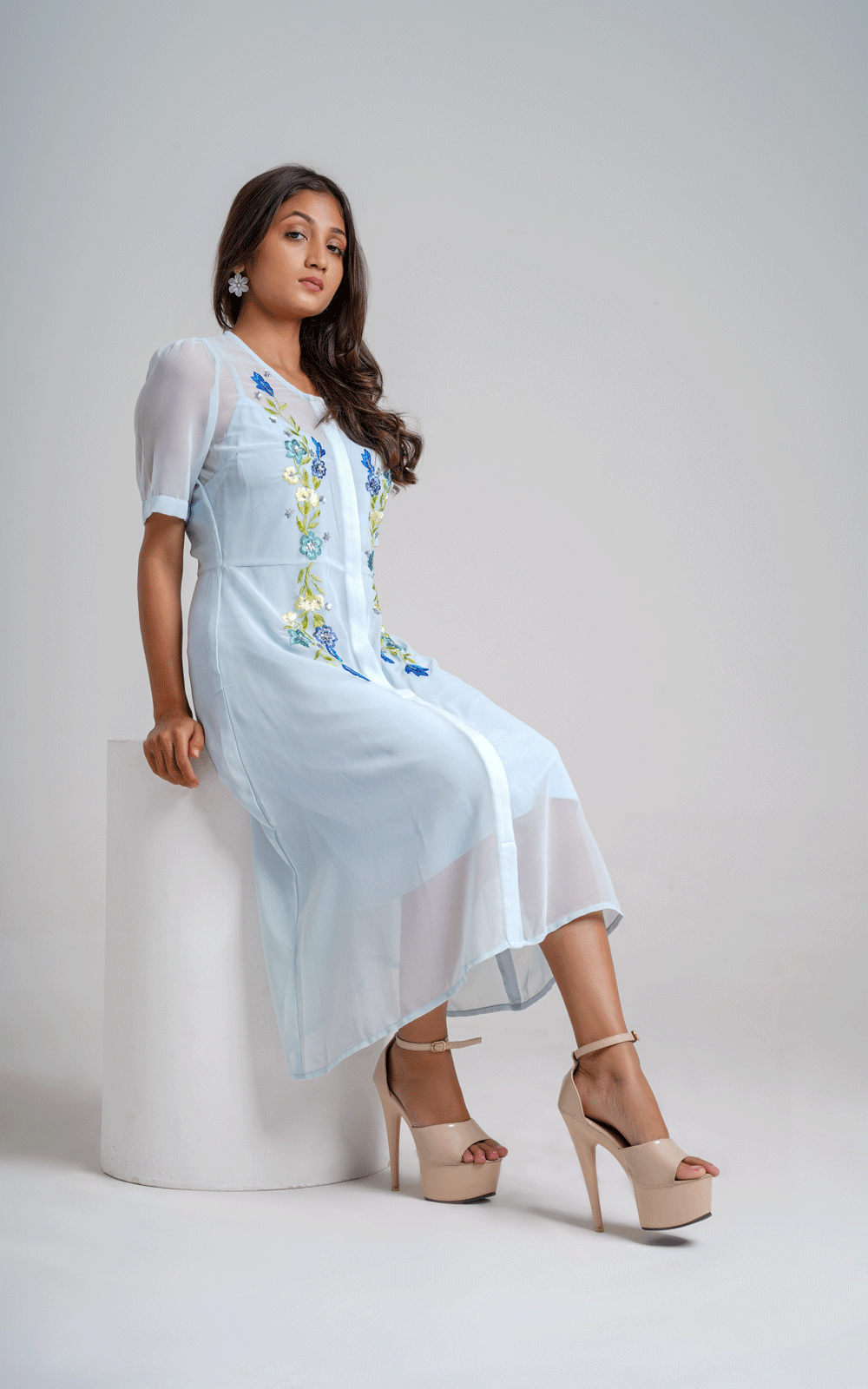 Blue thread embroidered dress