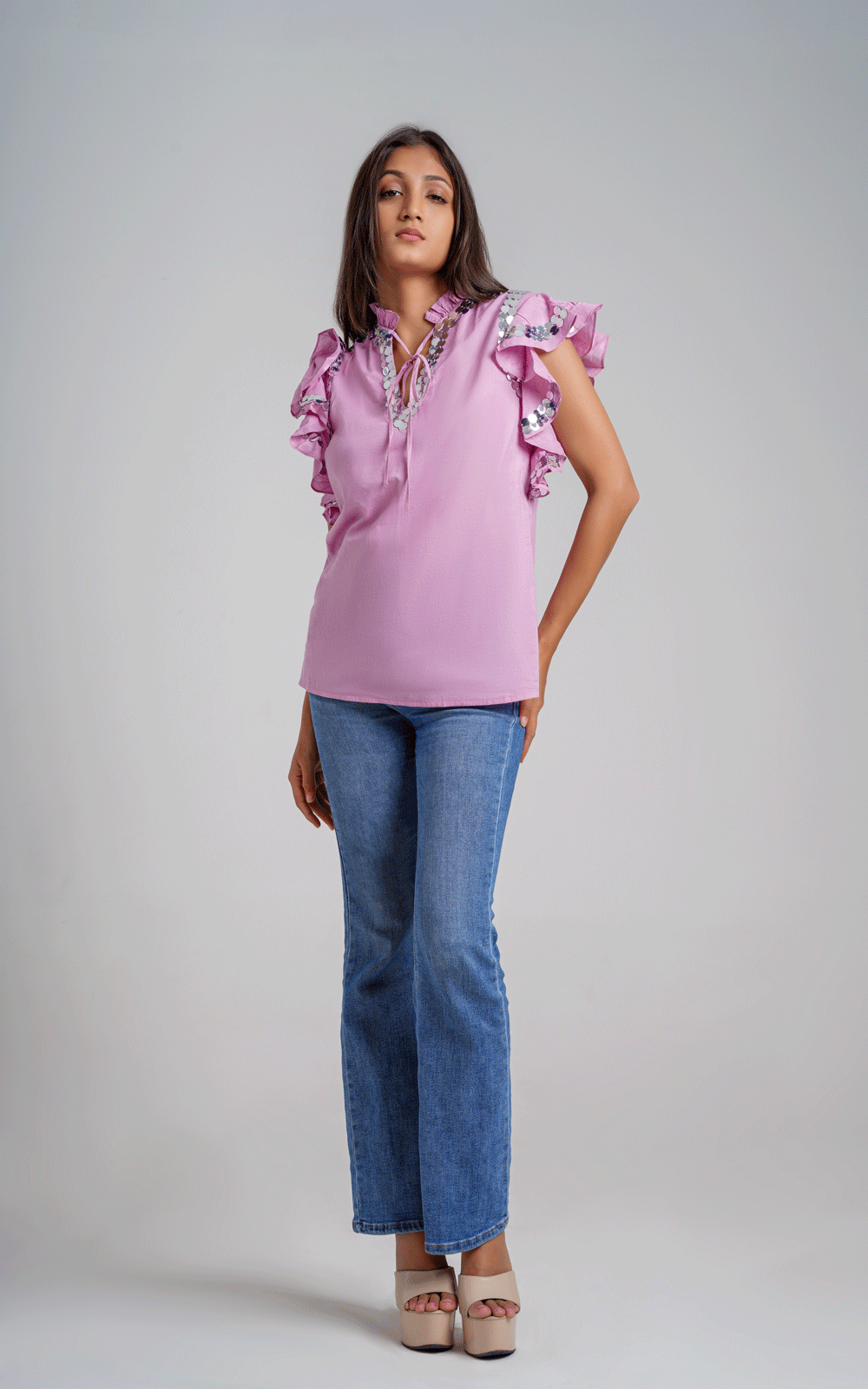 Purple ruffle sleeves top