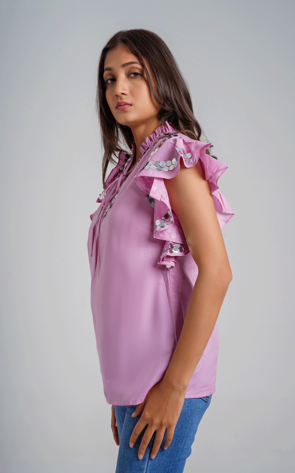 Purple ruffle sleeves top