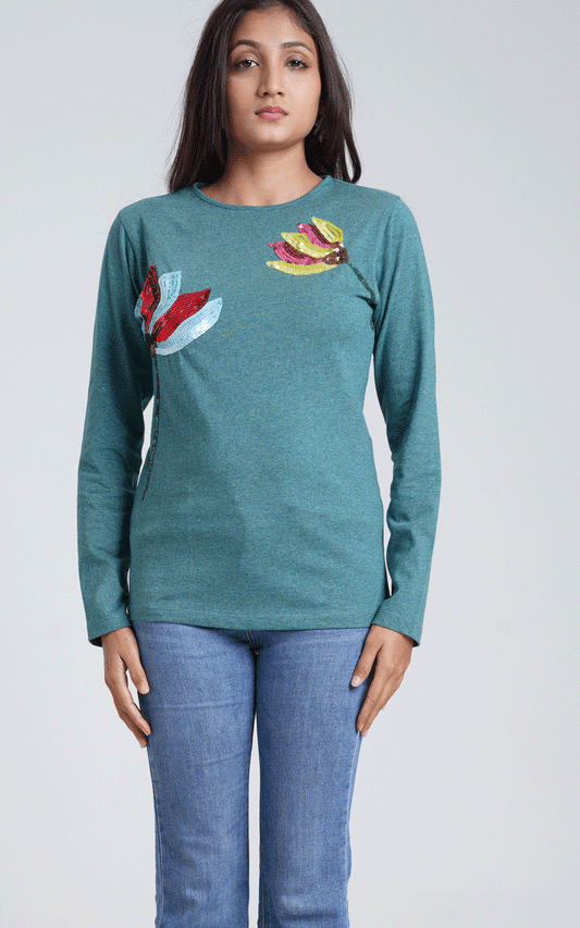 Green jersey sequins embroidered winter top