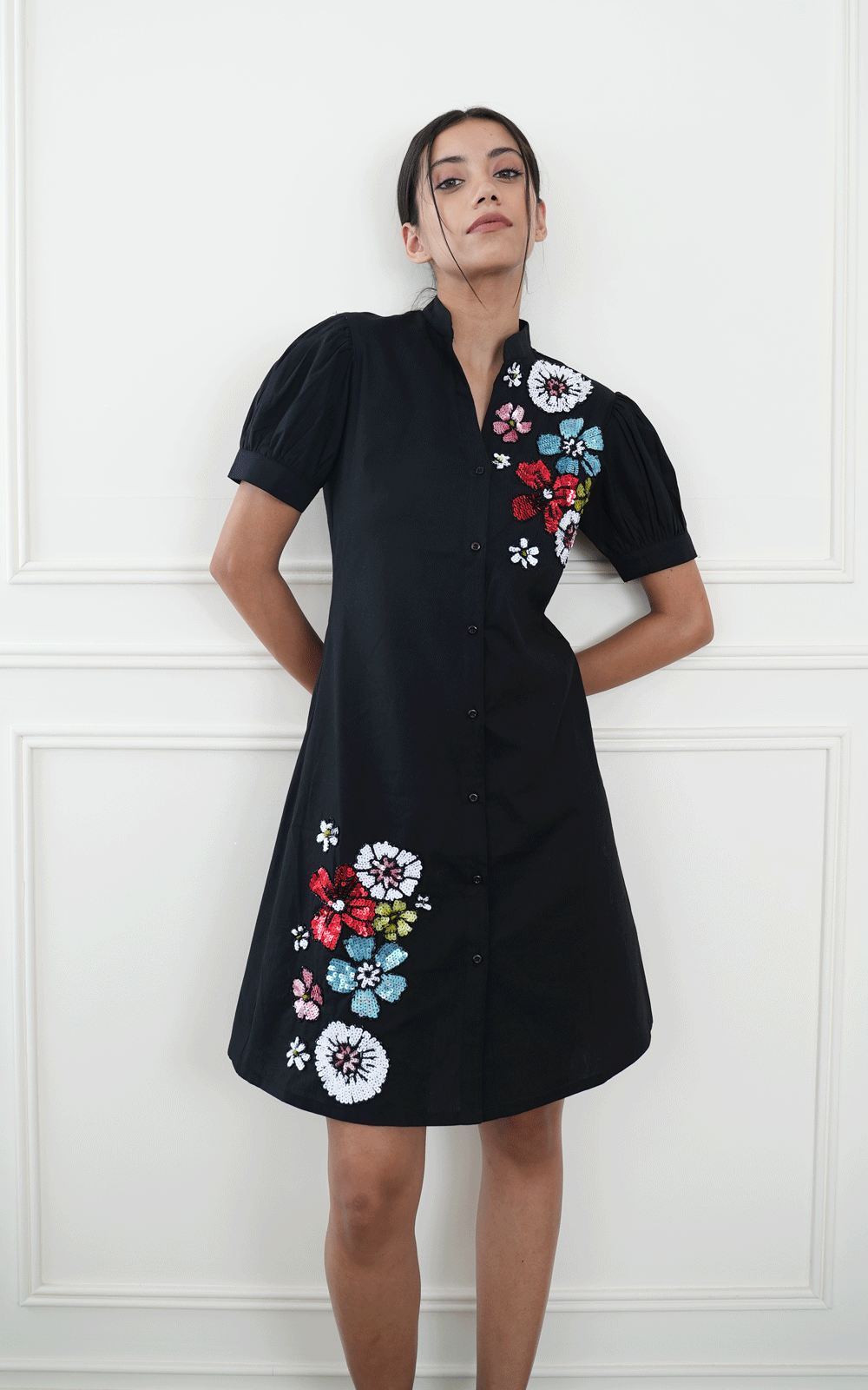 Black-Multi floral shirt dres