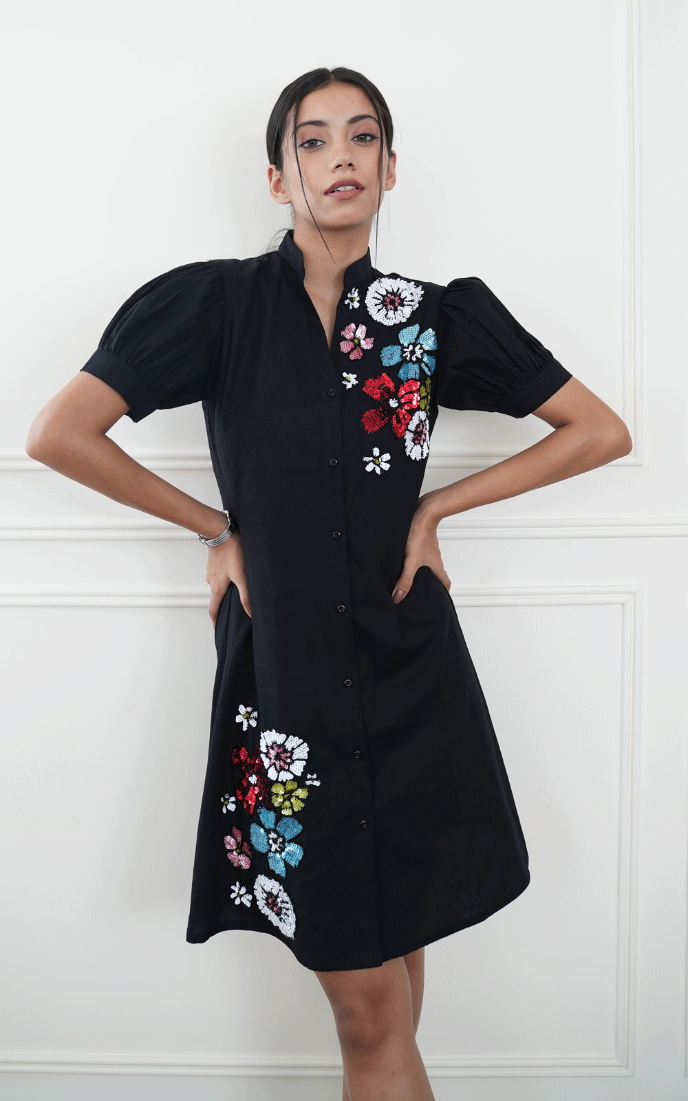 Black-Multi floral shirt dres