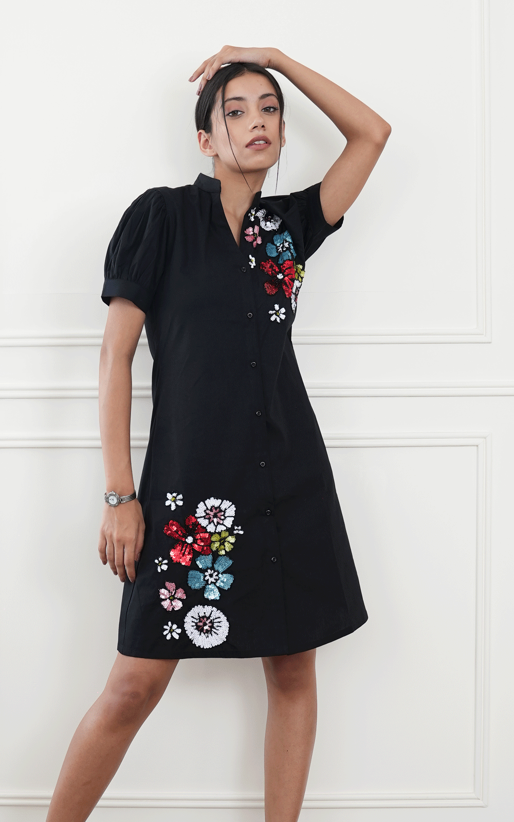 Black-Multi floral hand embroidered shirt dress
