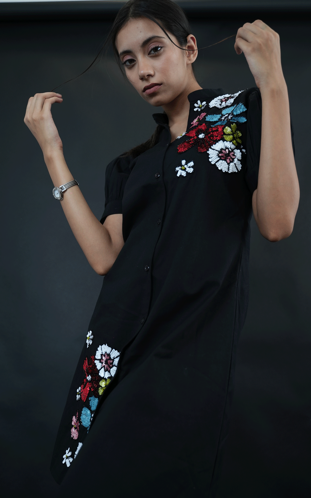 Flourish- embroidered shirt dress