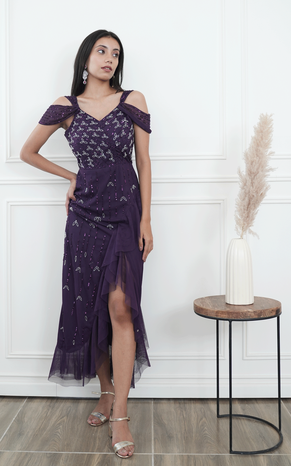 Cold -shoulder hand embroidered party wear ruffle gown
