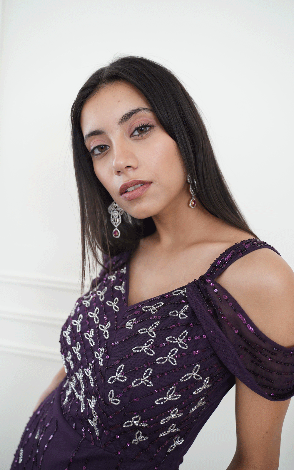 Cold -shoulder hand embroidered party wear ruffle gown