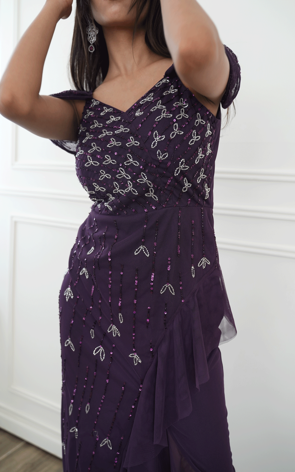 Cold -shoulder hand embroidered party wear ruffle gown