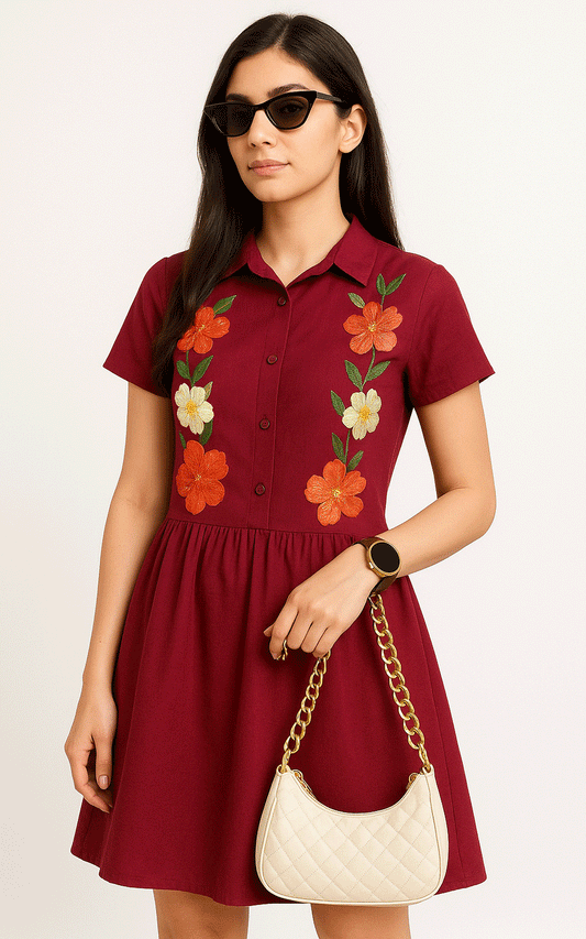 Cotton floral embroidered shirt dress