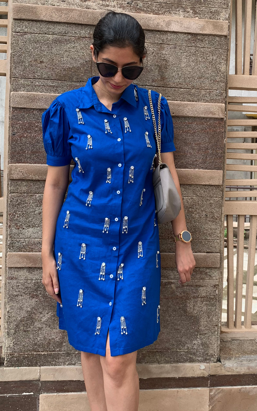 Bedazzled- cotton crystal stones embellished shirt dress