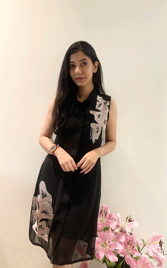 Midnight Enchantment- thread embroidered party  shirt dress