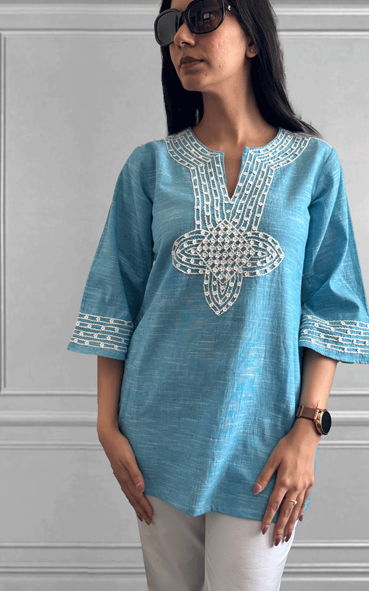 Breezy blue cotton embroidered tunic