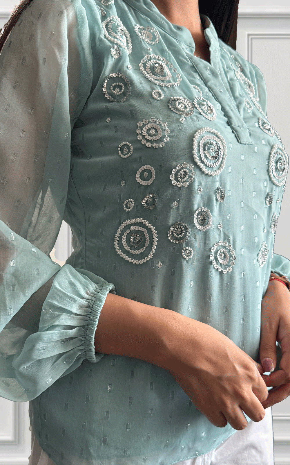 Green chiffon embroidered top