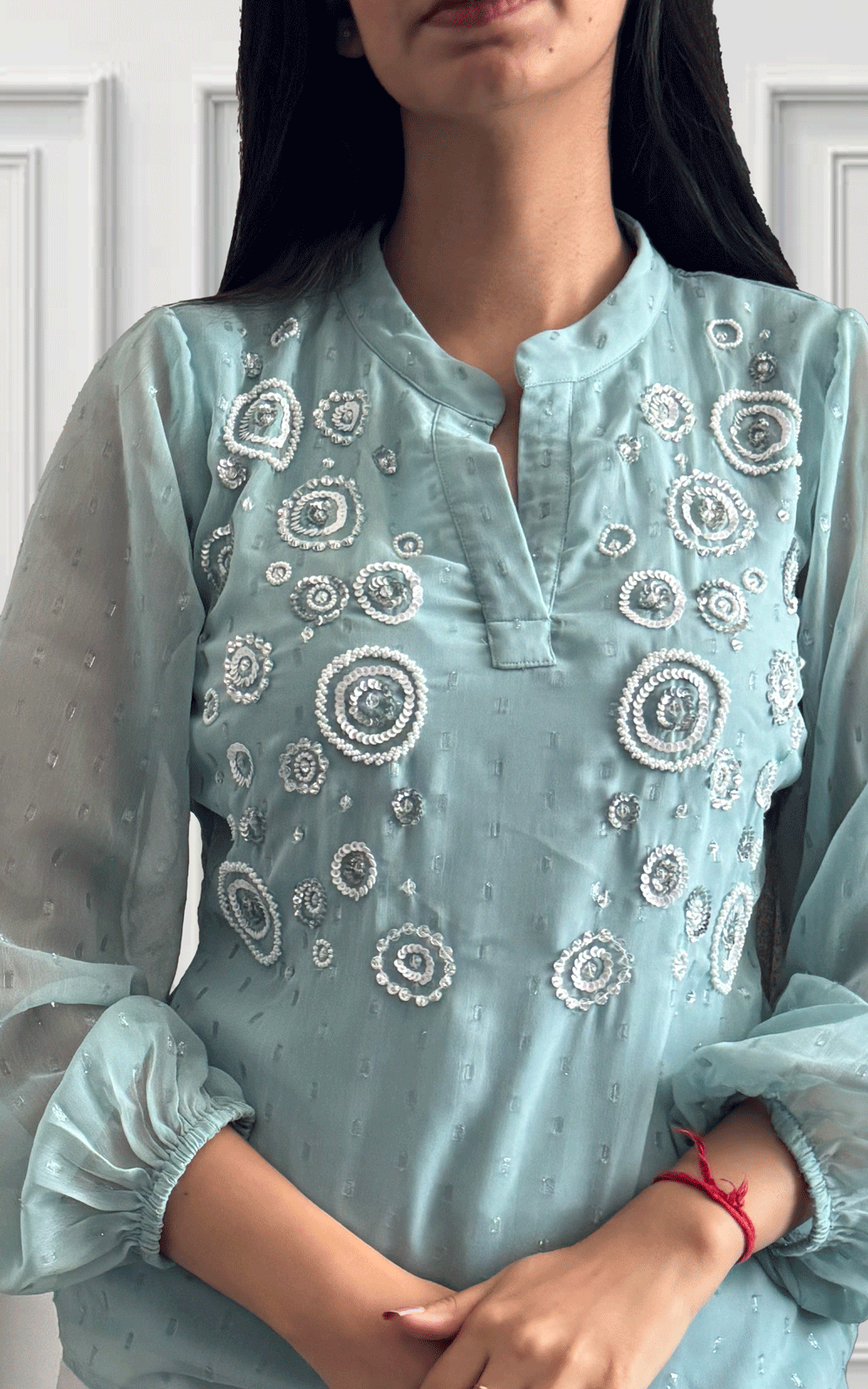 Green chiffon embroidered top