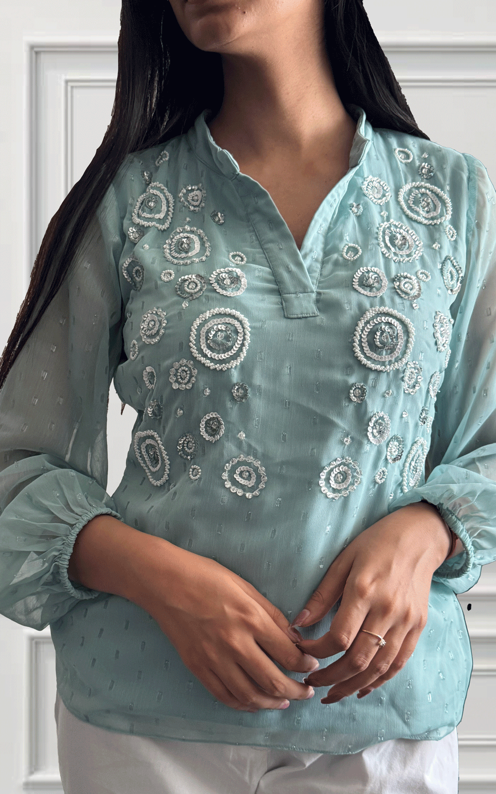 Green chiffon embroidered top