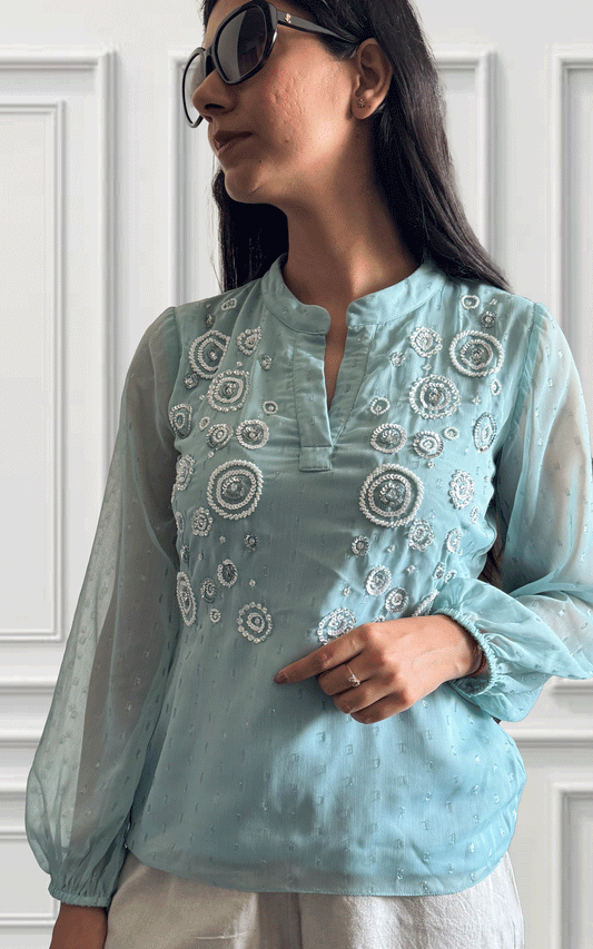 Green chiffon embroidered top
