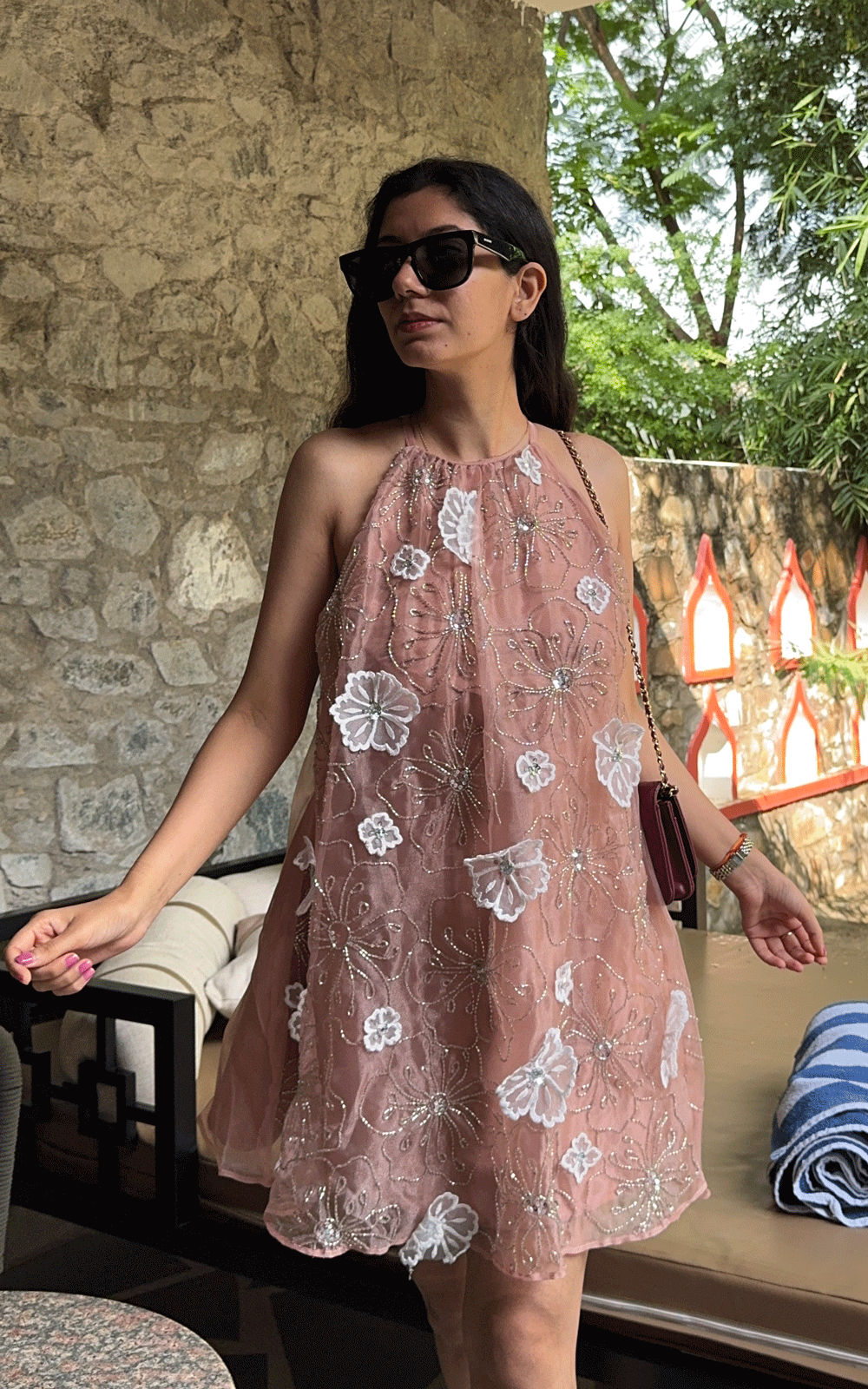 Peach whisper- embellished floral applique dress