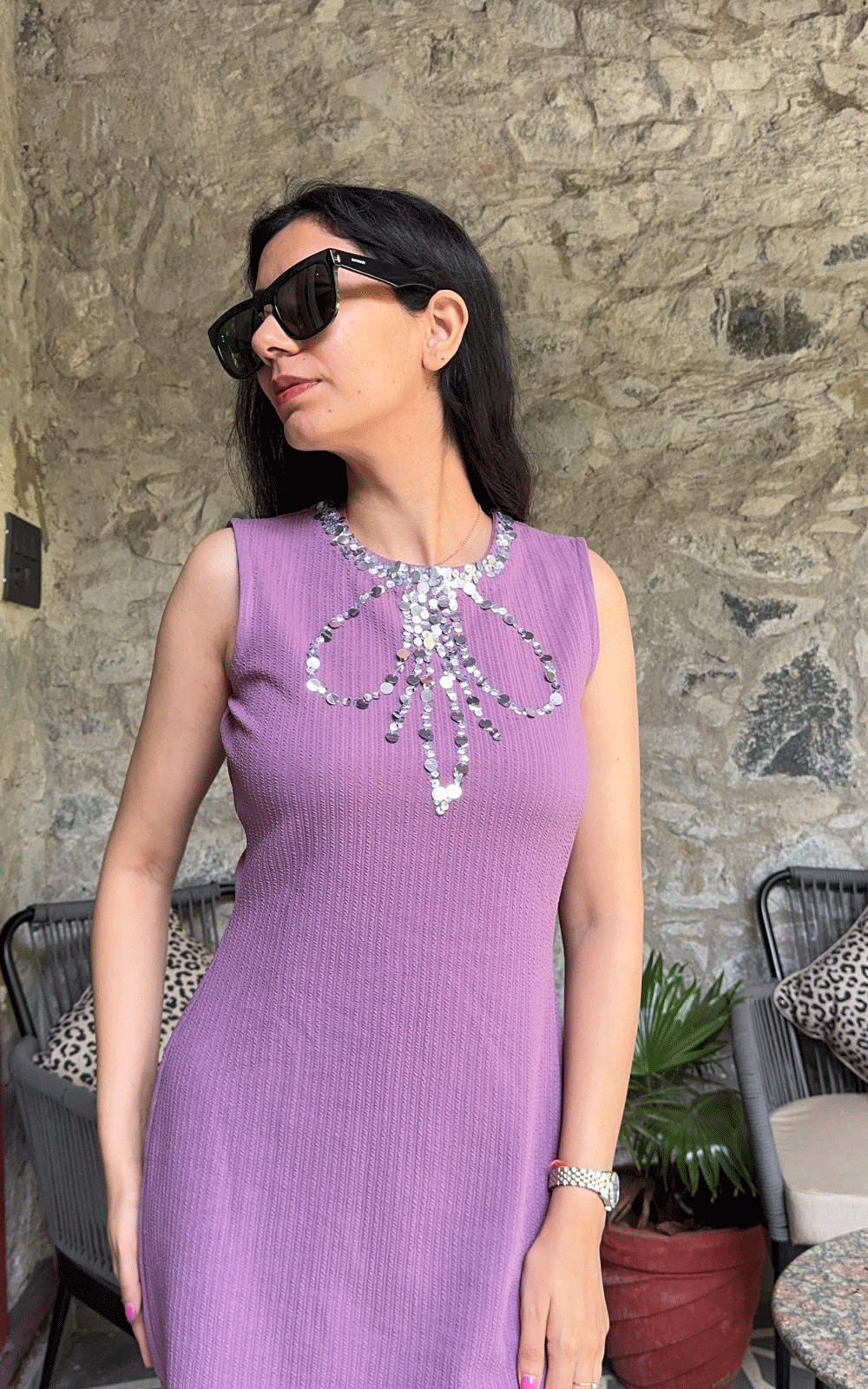 Bowtique Sparkle- mauve ribbed dress